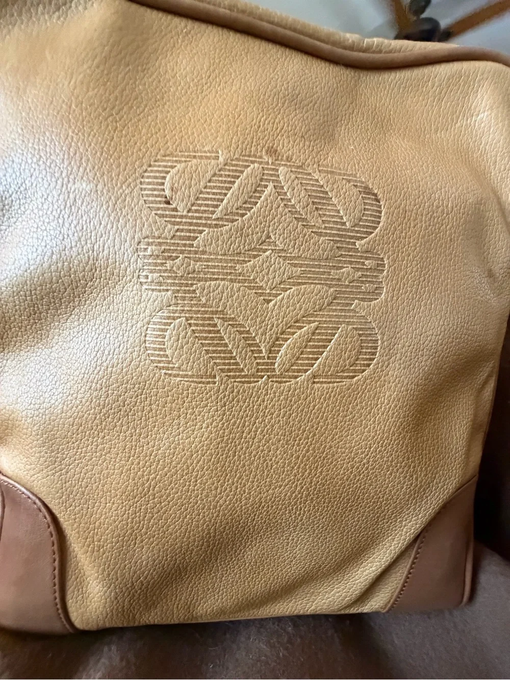 Loewe Logo Embossed Tan & Dark Tan Messenger Bag w/Beige Suede Interior